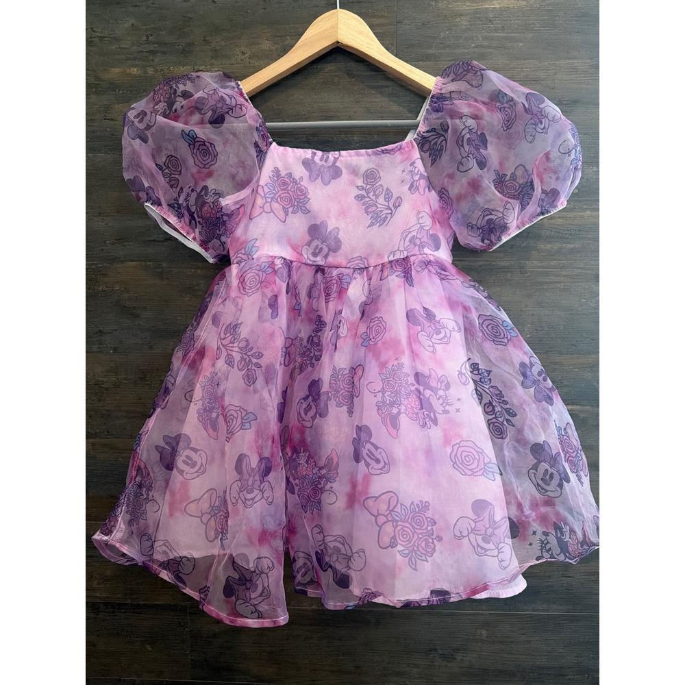 Disney Minnie Mouse Girls Purple Tie Dye Organza Puff Sleeve Dress Size M 7/8